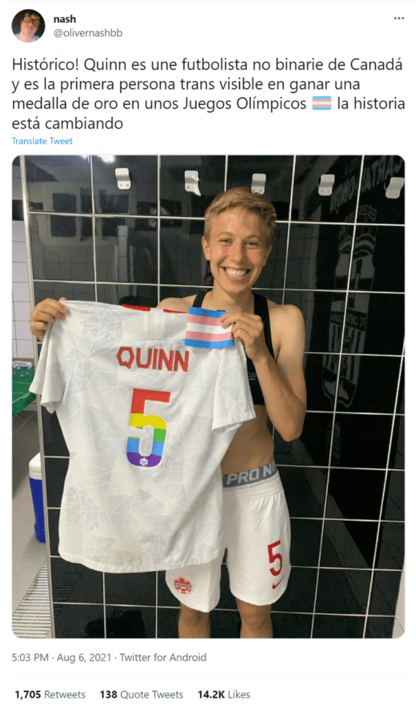Non-binary representation at the Olympics by Quinn, a member of the Canadian team.